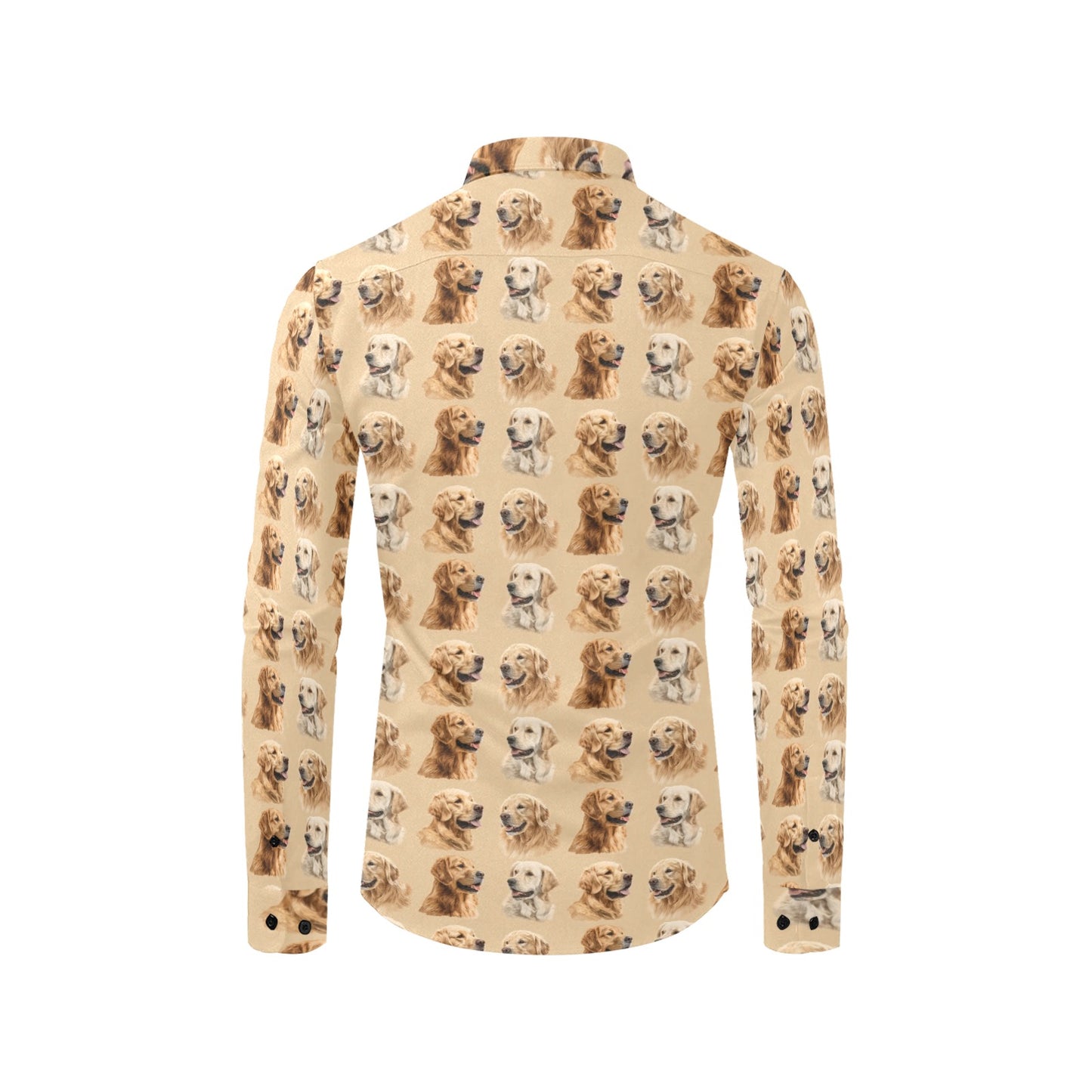 Dog Long Sleeve Men Button Up Shirt, Golden retriever Animal Print Guys Male Casual Dress Buttoned Collared Chest Pocket Plus Size