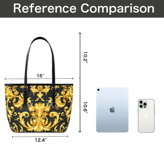 Black Gold Print Baroque Tote Bag Purse, Yellow Luxury Art Women Vegan Leather Handbag Zip on Top Designer Handmade Shoulder Ladies Bag