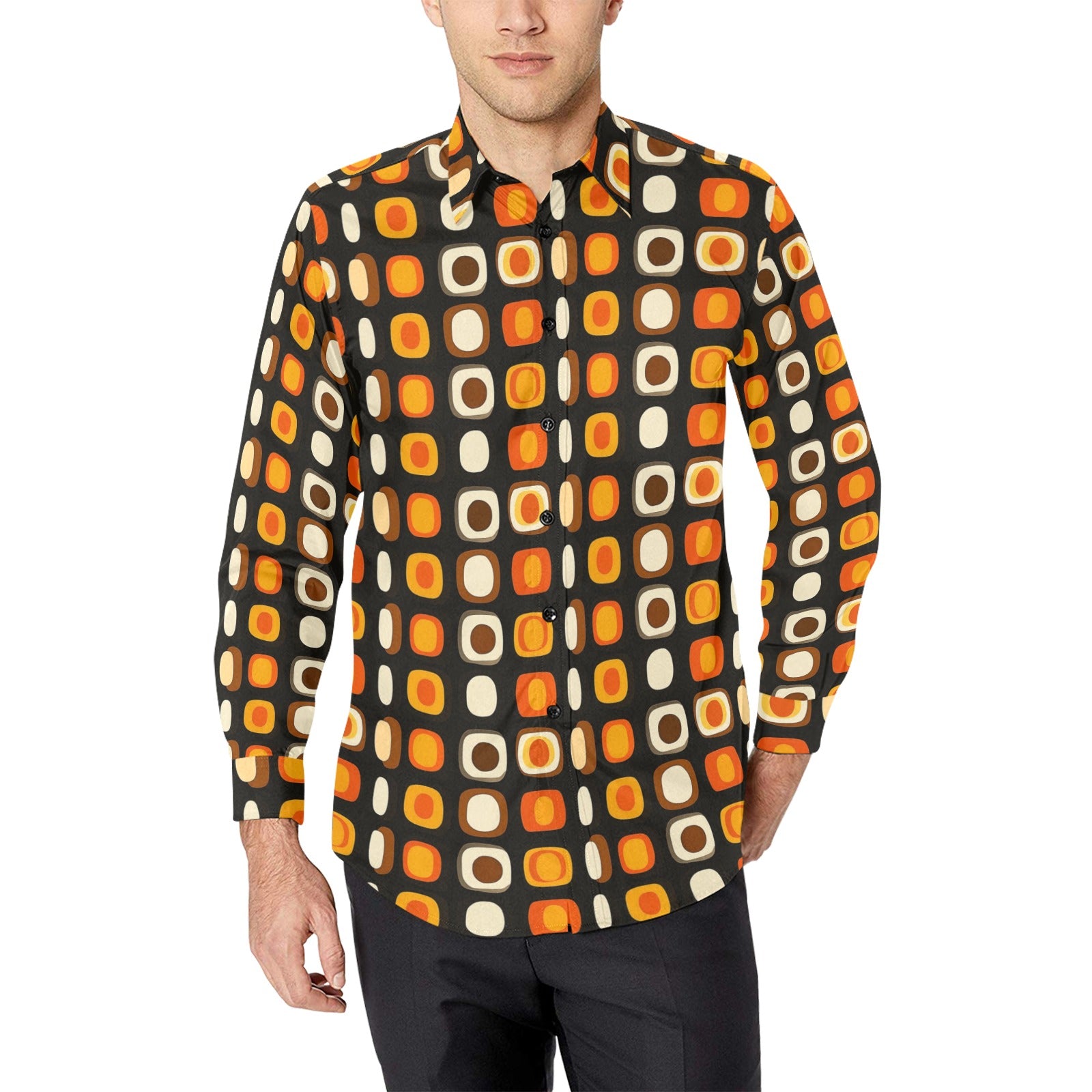 mens orange button down dress shirt Retro Geometric Long Sleeve Men Button Up Shirt, 70s Vintage Seventies Brown Orange Black Print Buttoned Down Guys Male Collar Casual Dress 3XL