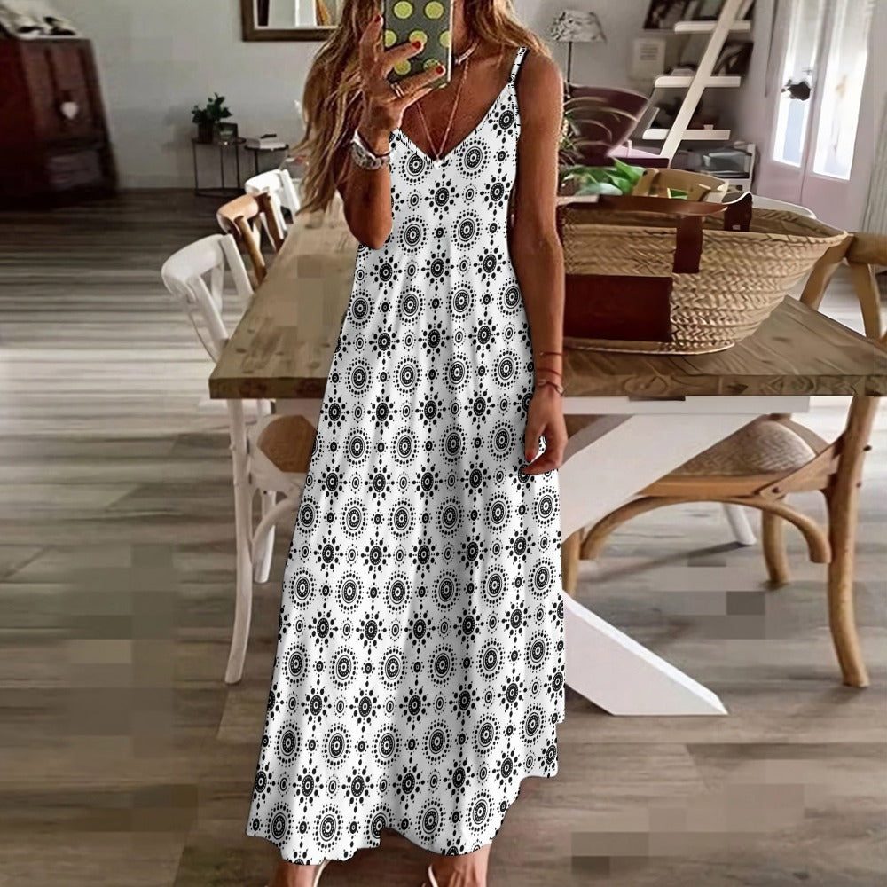 Black White Boho Maxi Dress, Long Spaghetti Straps Women Sleeveless Casual Cute Designer Elegant Plus Size Cocktail Party Summer Designer L / White Black White Boho Maxi Dress, Long Spaghetti Straps Women Sleeveless Casual Cute Designer Elegant Plus Size Cocktail Party Summer Designer L / White