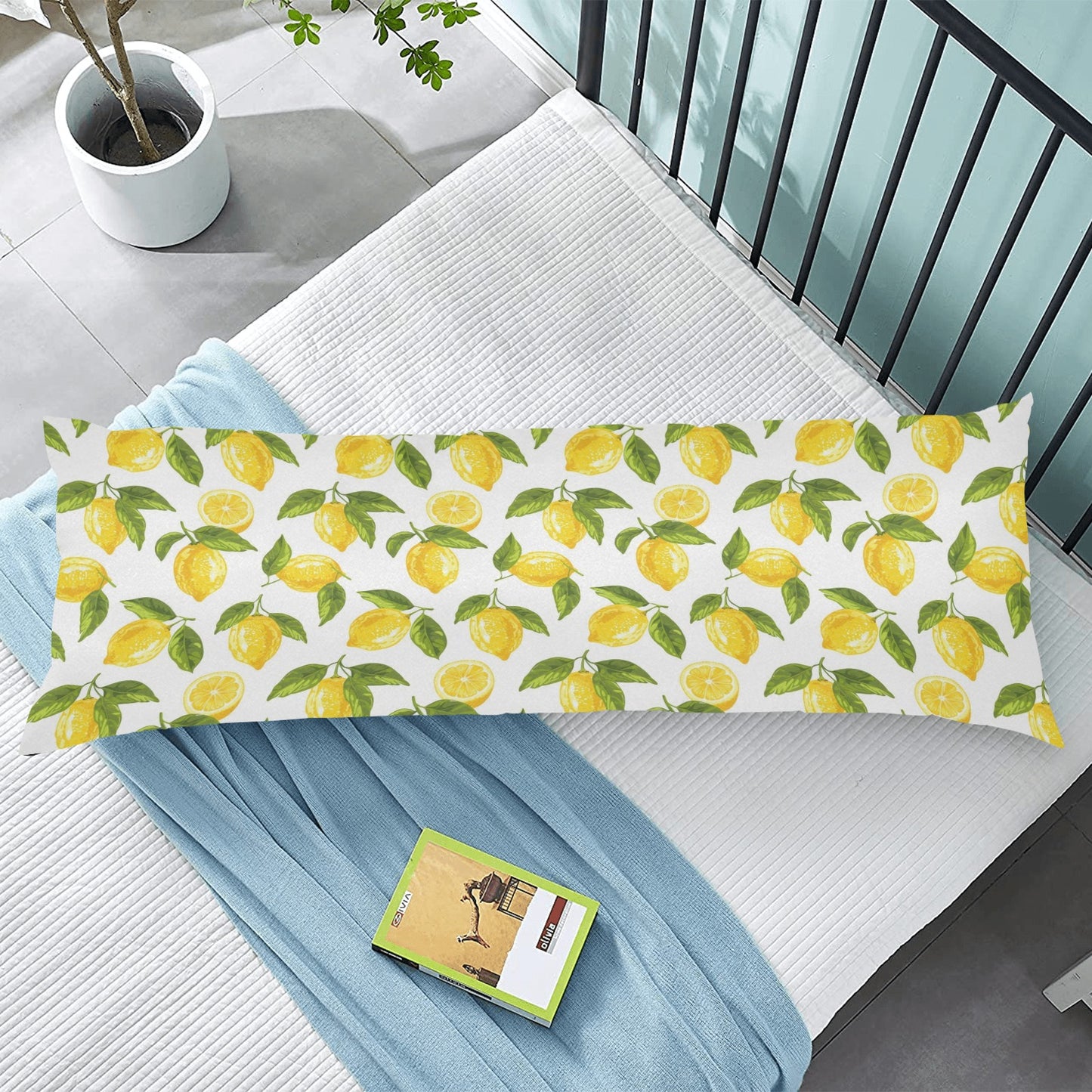 Lemon Body Pillow Case, Yellow White Summer Fruit Retro Long Large Bed Accent Print Throw Decor Decorative Cover Cushion 20x54