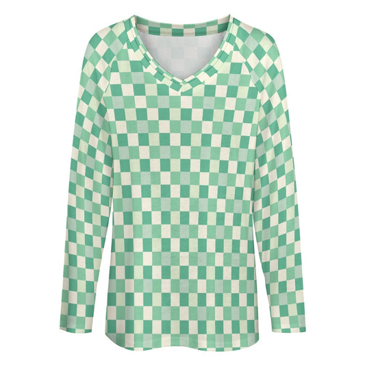 Green Checkered Women Long Sleeve Tshirt loose fit, Gingham Check Relaxed V-neck Designer Graphic Aesthetic Ladies Female Tee Top Shirt - Starcove Fashion