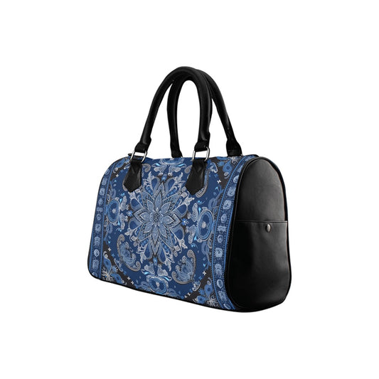 Blue Black Bandana Top Handle Handbag, Retro Vintage Boho Print Art Print Purse Canvas and Leather Barrel Type Designer Accessory Women Bag - Starcove Fashion