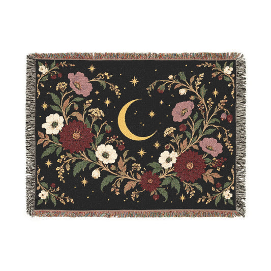 Dark Botanical Floral Woven Throw Blanket Tapestry, Crescent Moon Celestial Cotton Fringe Warm Adult Kids Small Large Bed 50x60 Wall Hanging