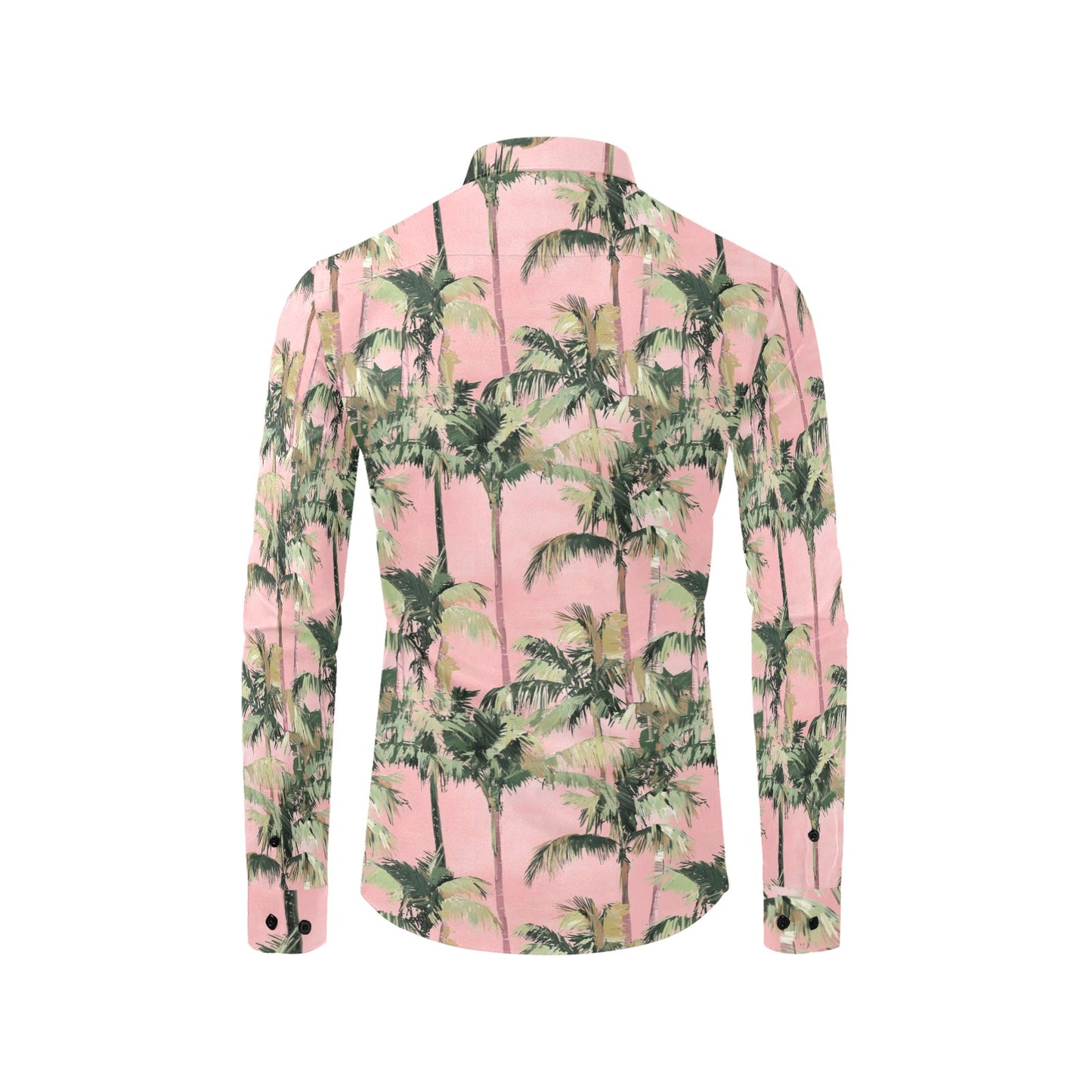 Pink Palm Trees Leaves Long Sleeve Men Button Up Shirt, Green Tropical Summer Print Dress Buttoned Collar Casual Dress Shirt Chest Pocket