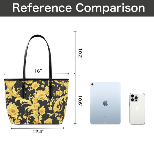 Baroque Tote Bag Purse, Yellow Floral Black Art Women Vegan Leather Handbag Zip on Top Designer Handmade Shoulder Ladies Bag