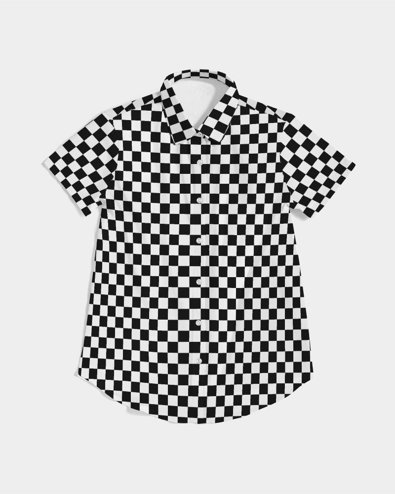 Black White Checkered Women Button Up Shirt, Racing Check Short Sleeve Print Buttoned Down Summer Ladies Collared Designer Dress Blouse Top