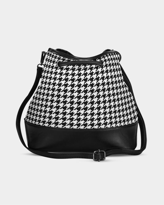 Houndstooth Mini Bucket Bag, Black White Handbag Purse Women Ladies Canvas Vegan Leather Drawstring Designer Small Shoulder Strap Luxury - Starcove Fashion