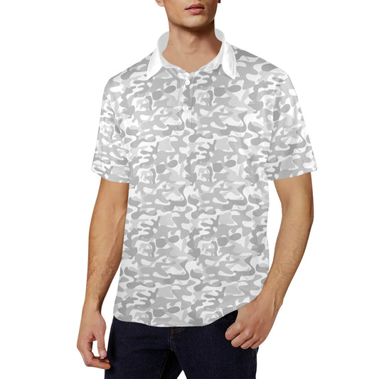 White Camouflage Men Polo Collared Shirt, Camo Pattern Casual Summer Guys Buttoned Down Up TShirt Short Sleeve Sports Golf Tee