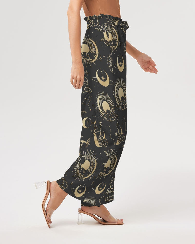 Sun Moon Women Wide Leg Pants Pockets, Constellation Celestial Space Yoga Trousers High Waisted Ladies Drawstring Lounge Flowy Work Summer