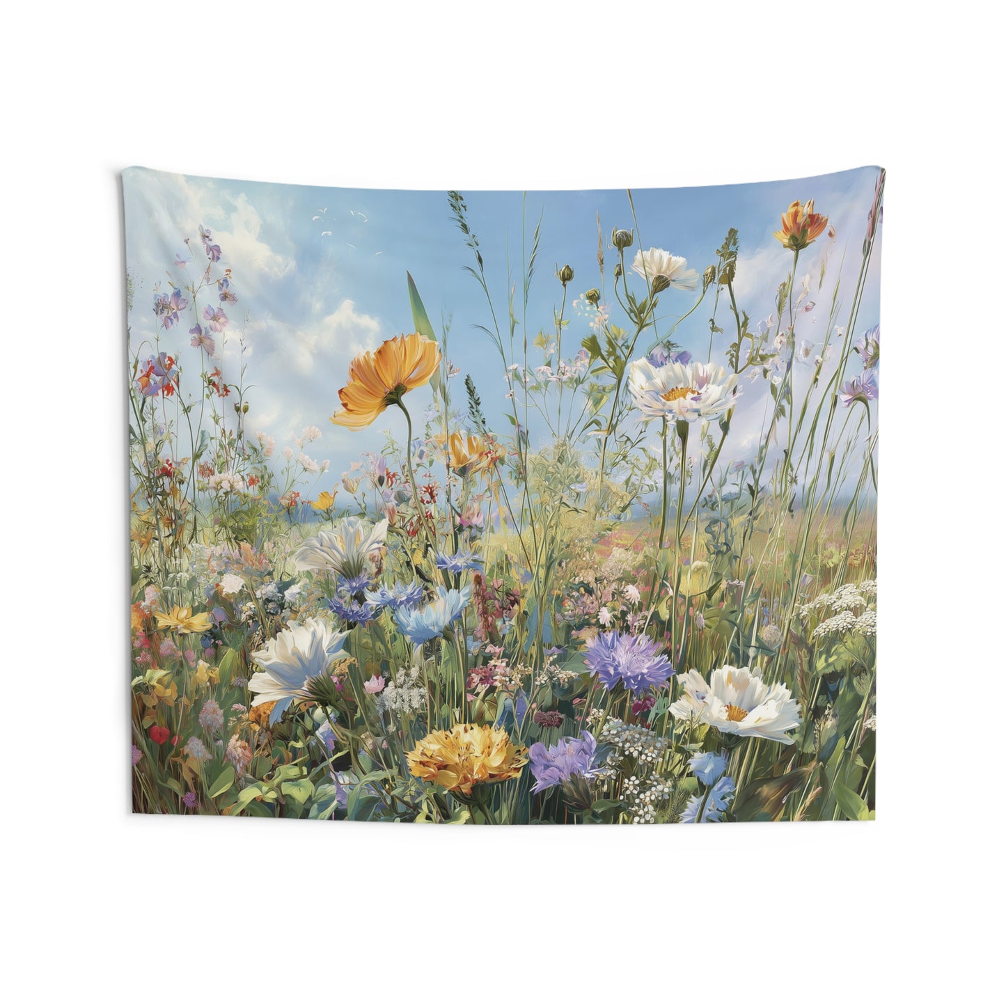 Wildflowers Tapestry, Field Floral Flowers Painting Print Wall Art Hanging Cute Horizontal Large Small Decor Bedroom College Dorm Room