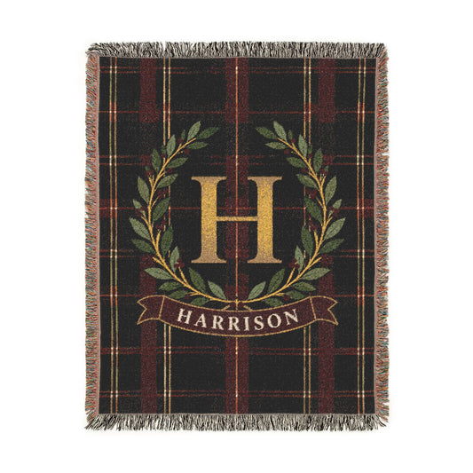 Custom Family Name Woven Throw Blanket Tapestry, Plaid Holiday Christmas Personalized Cotton Fringe Adult Kids Small Large Bed 50x60 Hanging