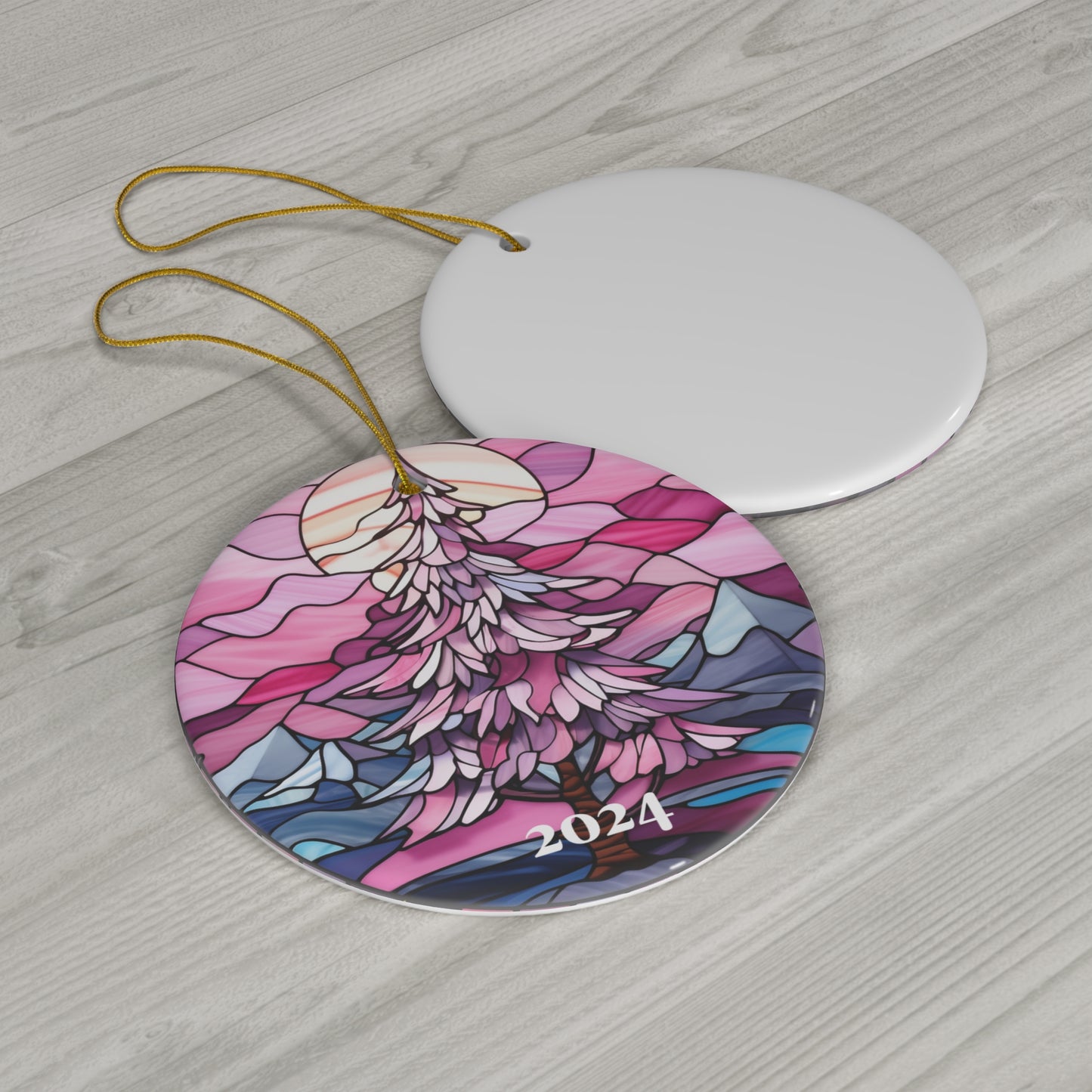 Pink Christmas 2024 Ornament, Printed Stained Glass Tree Decoration Holiday Gift Idea Heirloom Keepsake Round Ceramic Xmas Tree