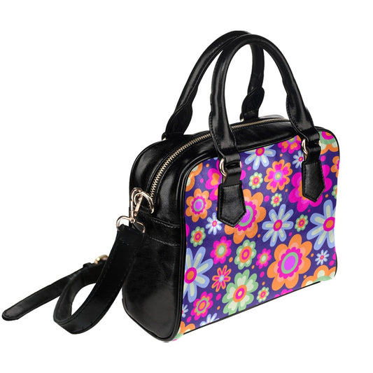 Floral Pink Purple Leopard Shoulder Purse, Flowers Groovy Print Pattern Cute Small Bag Vegan Leather Women Designer Handbag Ladies
