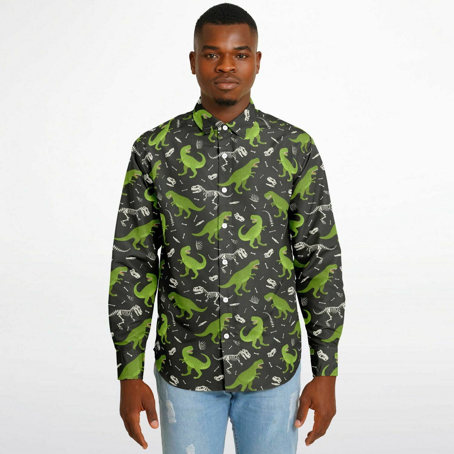 Dinosaur Long Sleeve Men Button Up Shirt, Skeleton Dino Green Guys Male Print Buttoned Down Collared Funny Graphic Casual Dress Shirt