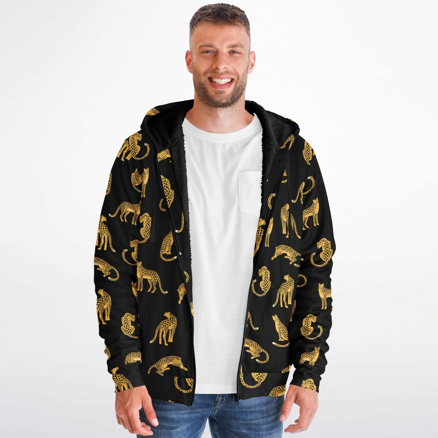 Leopard Zip Up Fleece Lined Hoodie, Animal Cheetah Print Heavyweight Full Zipper Pocket Men Women Unisex Graphic Hooded Sweatshirt Jacket