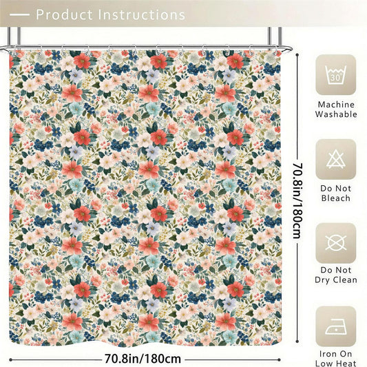 Boho Flowers Shower Curtain with Hooks Rings, Floral Blooms Fabric Waterproof Unique Bath Bathroom Decor Cool Housewarming Home Gift