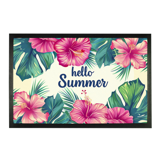 Hello Summer Hibiscus Doormat, Tropical Flowers Welcome Mat Front Door Indoor Outdoor Rubber Washable Waterproof Floor New Entry Entrance
