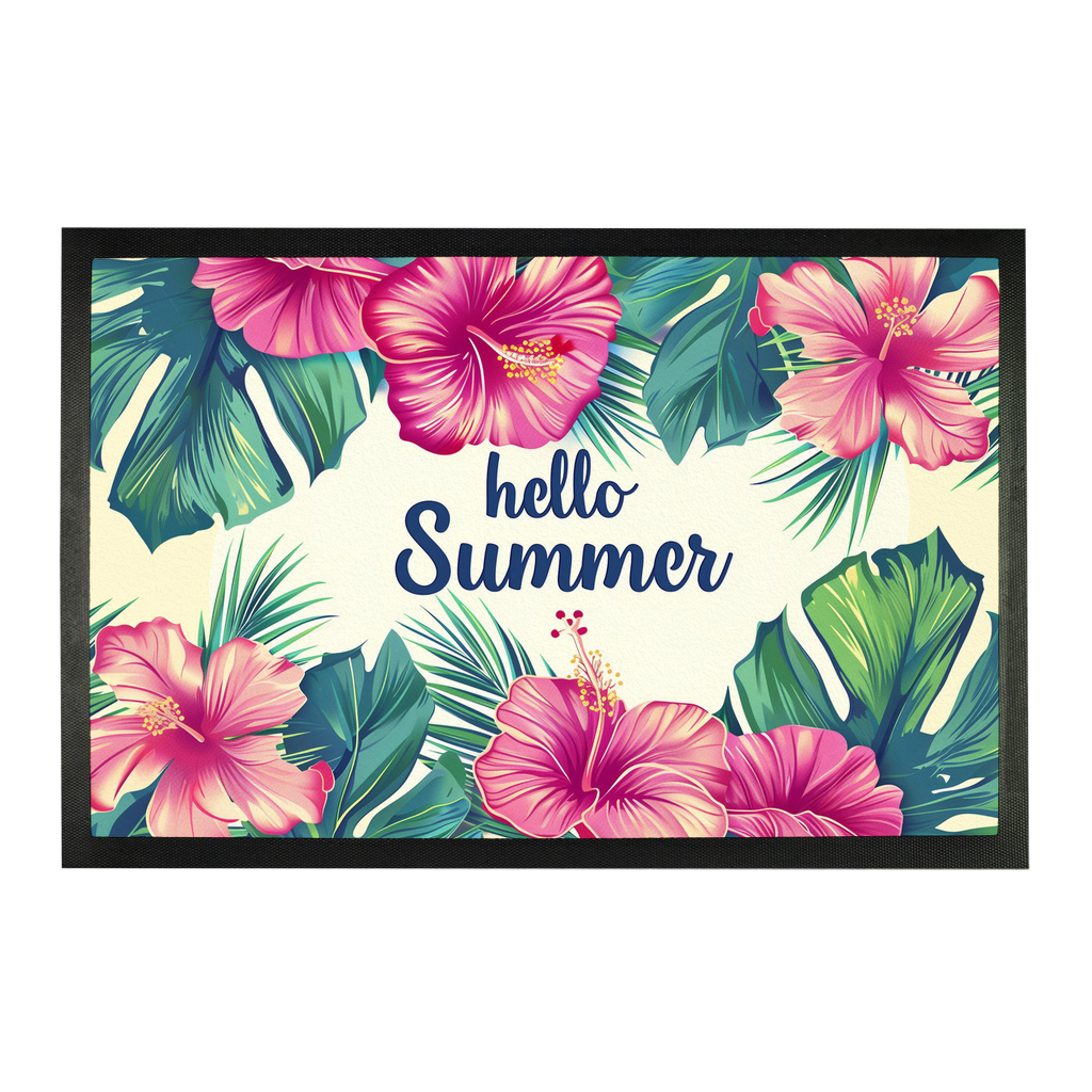Hello Summer Hibiscus Doormat, Tropical Flowers Welcome Mat Front Door Indoor Outdoor Rubber Washable Waterproof Floor New Entry Entrance