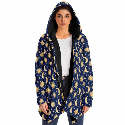 Sun Moon Hooded Cloak, Blue Navy Celestial Cosmic Space Coat Men Women Ladies Winter Warm Mink Fleece Blanket Robe Wearable Cape Pockets