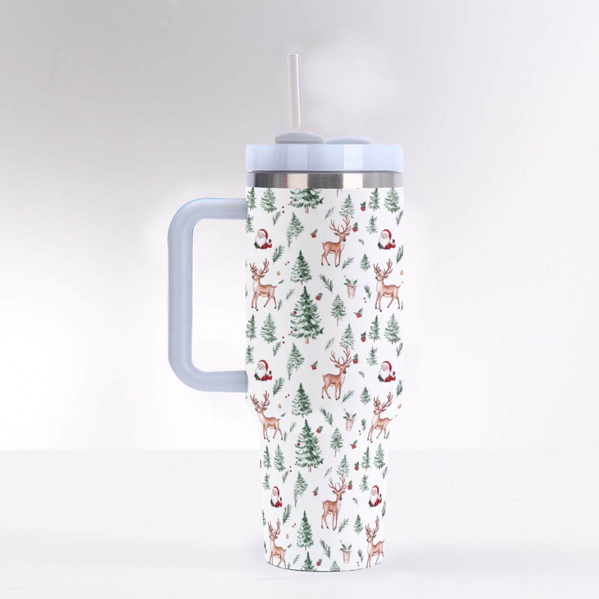 White Christmas 40 oz Tumbler Handle Straw, Xmas Tree Holiday Reindeer Santa Stainless Steel Cup Travel Mug Coffee Insulated Sublimation