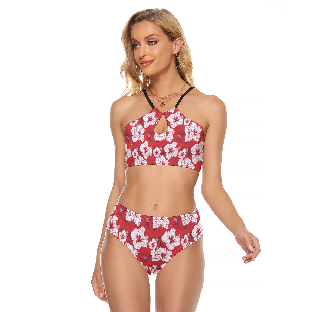Red Hibiscus Women Cami Keyhole Bikini Set, Cheeky Bottom Bandeau Sexy String Two Piece Swimsuit S / White Red Hibiscus Women Cami Keyhole Bikini Set, Cheeky Bottom Bandeau Sexy String Two Piece Swimsuit S / White