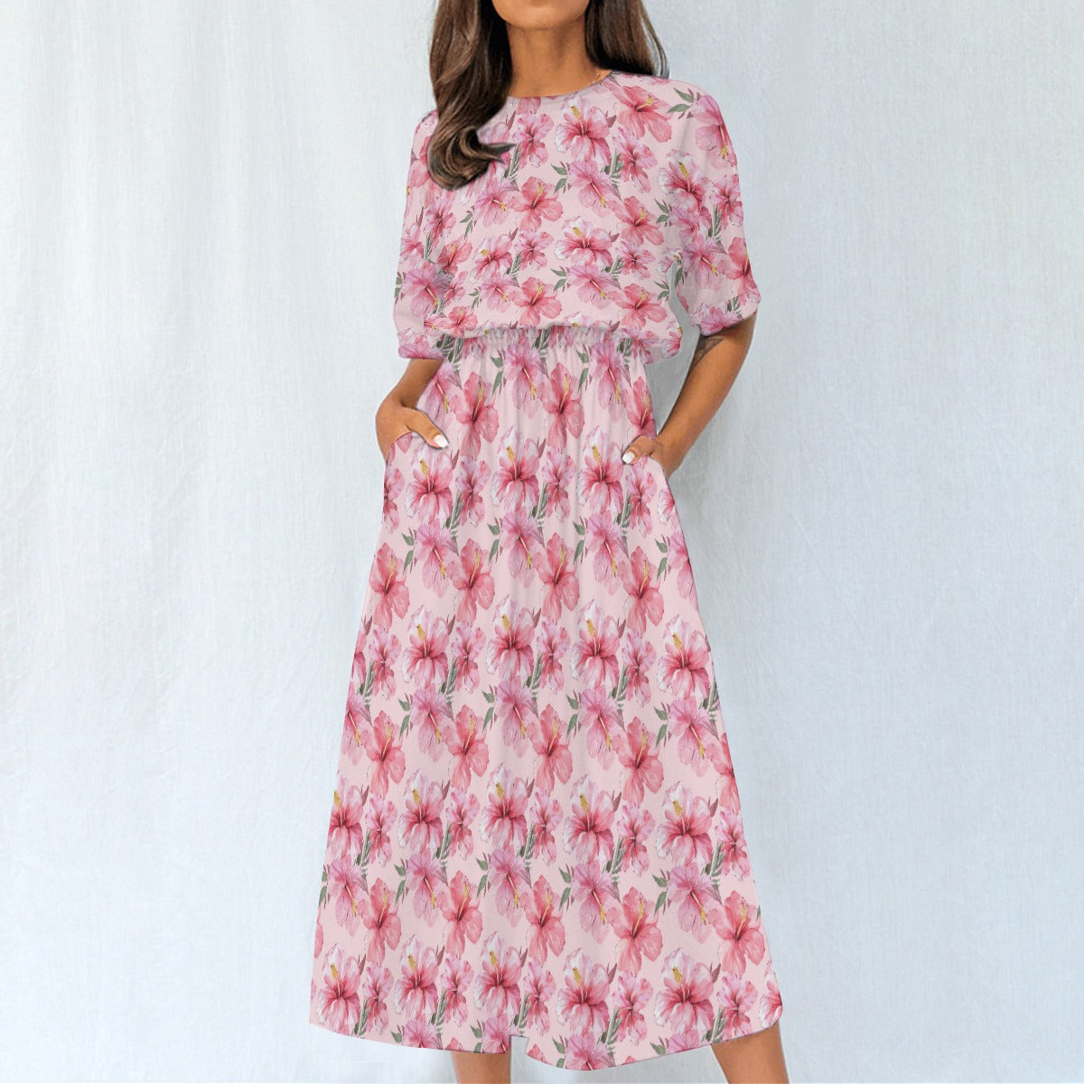 pink hibiscus dress Aloha Button Down Details Maxi dress with low back and adjustable halter tie Can be worn three different ways depending on how you tie the neck 100% viscose derived from bamboo lightweight Buy Adrianna Papell Pink Hibiscus