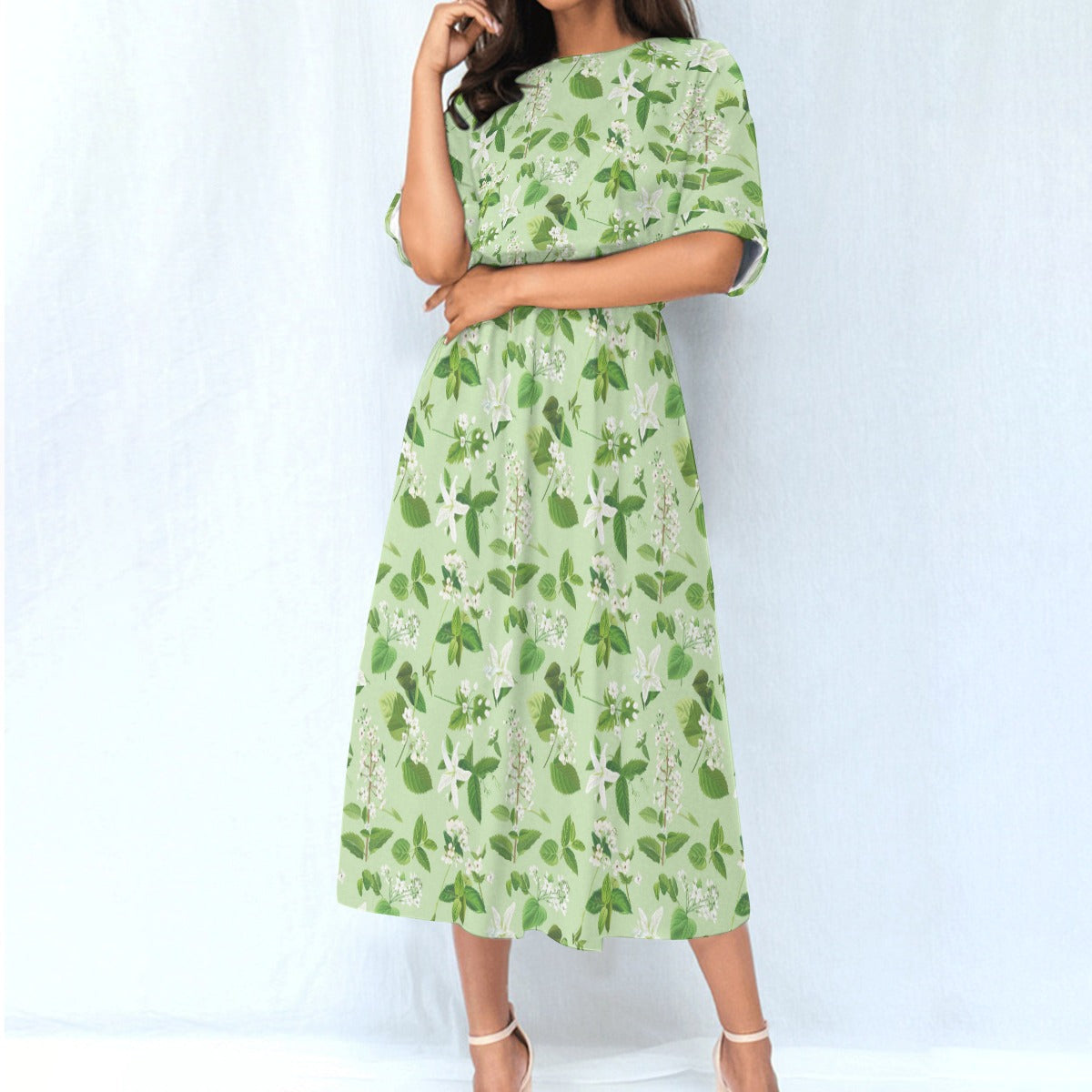 Gree Women Maxi Dress, Floral Elastic Waist Long Ankle Length Boho Short Sleeve Casual Spring Summer L / White Gree Women Maxi Dress, Floral Elastic Waist Long Ankle Length Boho Short Sleeve Casual Spring Summer L / White