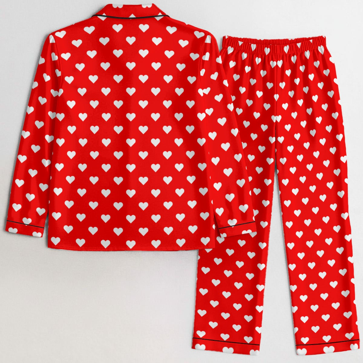 Red Hearts Women Pajamas Set, Valentine's Day Ladies Silk Sleepwear Long Sleeve Sleep Shirt Shorts Night Wear Plus Size Designer PJs Lounge