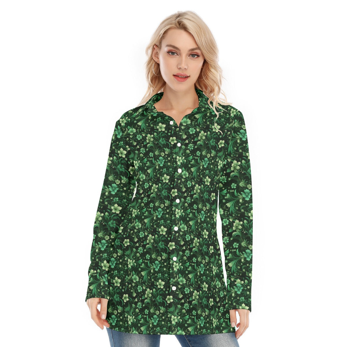 Emerald Green Floral Long Sleeve Shirt Women, Button Up Ladies Blouse Print Buttoned Down Collared Xs / White Emerald Green Floral Long Sleeve Shirt Women, Button Up Ladies Blouse Print Buttoned Down Collared Xs / White