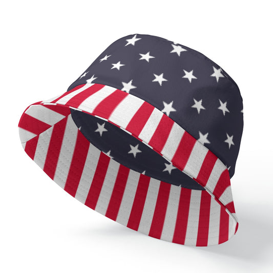 American Flag Bucket Cap Hat, Stars Stripes Red White Blue 4th of July Print Beach Women Men Golf Summer Festival Cute Designer Sun Shade