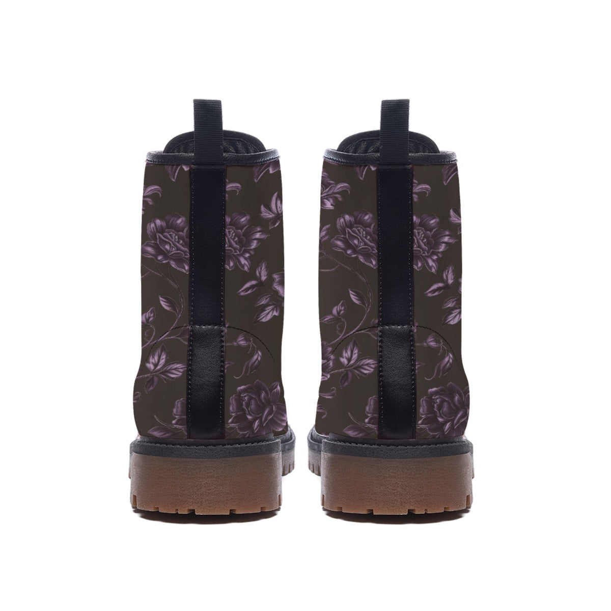Dark Purple Floral Women Leather Boots, Flowers Brown Vegan Lace Up Shoes Hiking Festival Black Ankle Combat Work Winter Waterproof