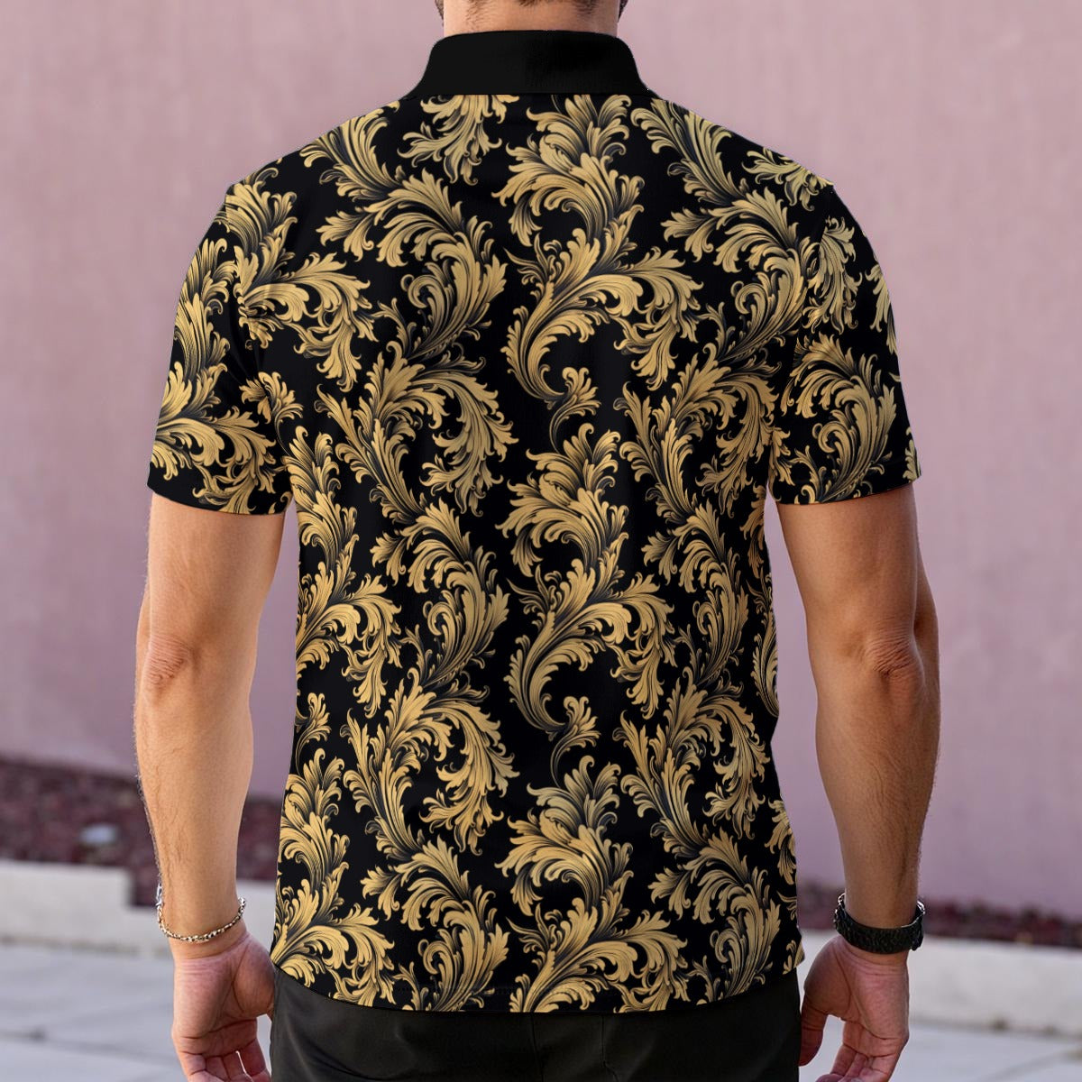 Baroque Men Polo Shirt, Gold Black Luxury Guys Golf Casual Summer Buttoned Down Up Collared Short Sleeve Sports Tshirt Tee Designer Top