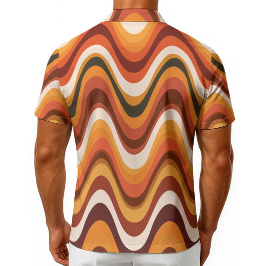 70s Wavy Men Hawaiian Shirt, Orange Brown Disco Print Vintage Retro Festival Summer Hawaii Aloha Tropical Beach Plus Size Cool Button Up