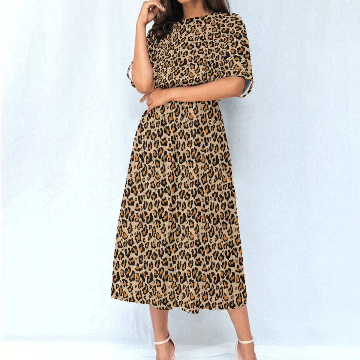 Leopard Women Maxi Dress, Animal Print Cheetah Elastic Waist Long Ankle Length Short Sleeve Pockets Spring Summer Cute Ladies 2XL / White Leopard Women Maxi Dress, Animal Print Cheetah Elastic Waist Long Ankle Length Short Sleeve Pockets Spring Summer Cute Ladies 2XL / White