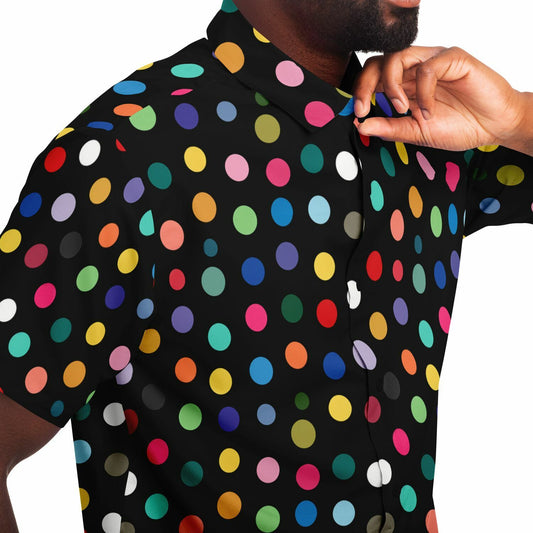 Vibrant Polk Dots Men Button Up Shirt, Colorful Festival Short Sleeve Print Casual Buttoned Down Summer Male Guys Collared Designer Dress