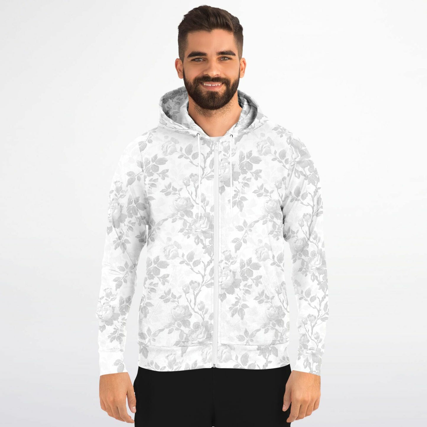 White Floral Zip Up Hoodie, Flowers Full Zipper Pocket Men Women Unisex Adult Aesthetic Graphic Cotton Fleece Hooded Sweatshirt - Starcove Fashion
