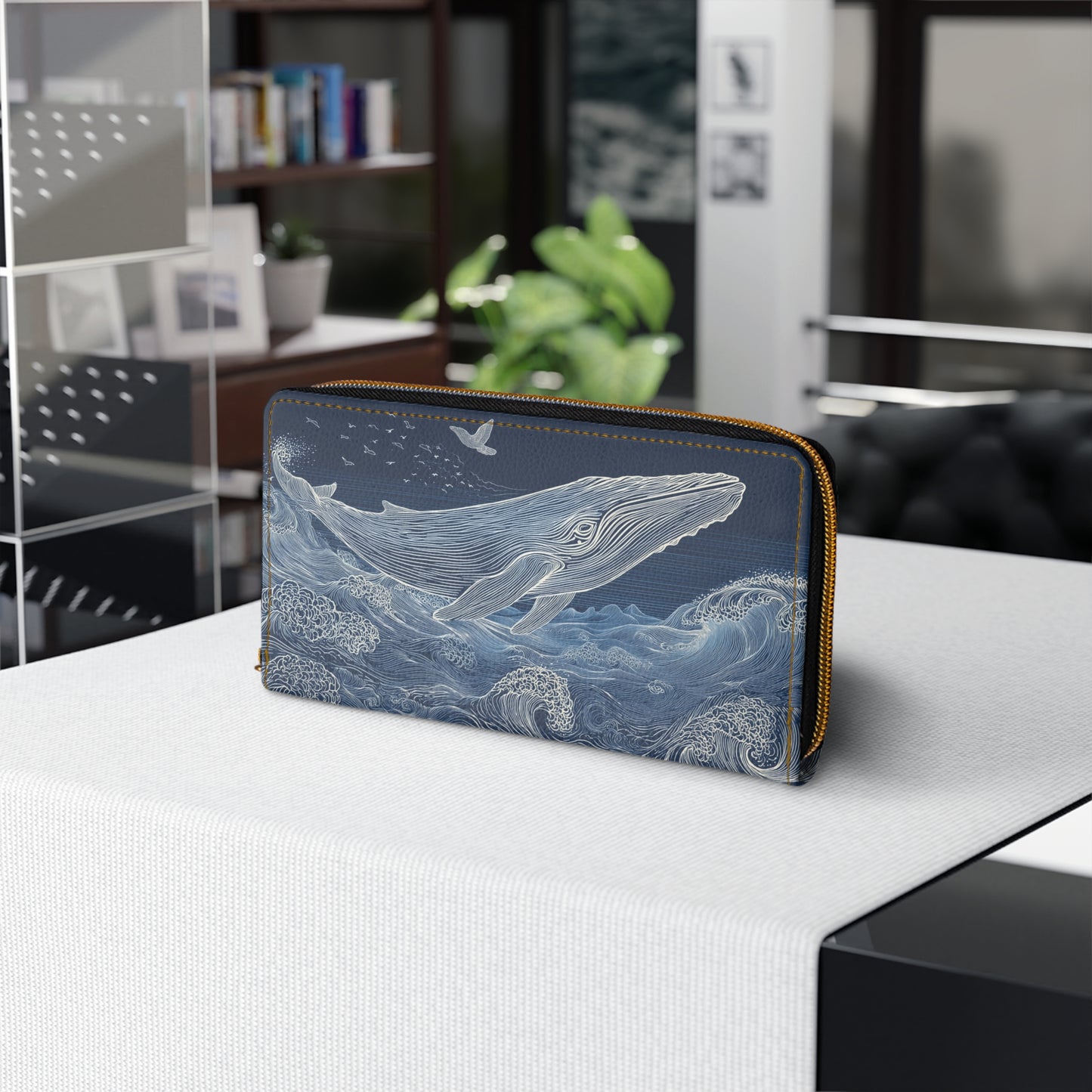 Blue Whale Leather Wallet Women, Ocean Japanese Waves Sea Vegan Zipper Zip Around Coins Credit Cards Pocket Cash Ladies Pouch Clutch Purse