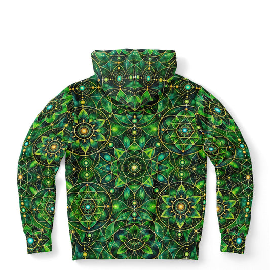 Emerald Mandala Hoodie, Green Psychedelic Geometric Pullover Men Women Adult Graphic Cotton Hooded Sweatshirt Pockets Designer Plus Size