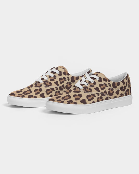 Leopard Print Women Shoes, Animal Cheetah Sneakers Canvas Brown White Low Top Lace Up Female Ladies Flat Shoes