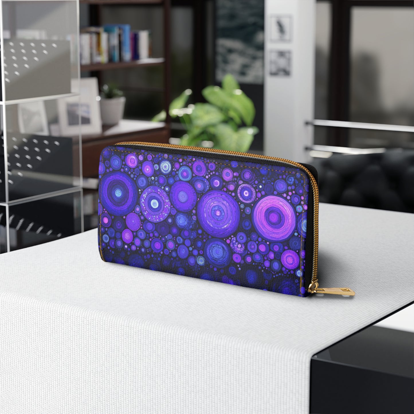 Purple Retro Leather Wallet Women, Vintage Dot Art Vegan Zipper Zip Around Coins Credit Cards Pocket Cash Ladies Female Pouch Clutch Purse