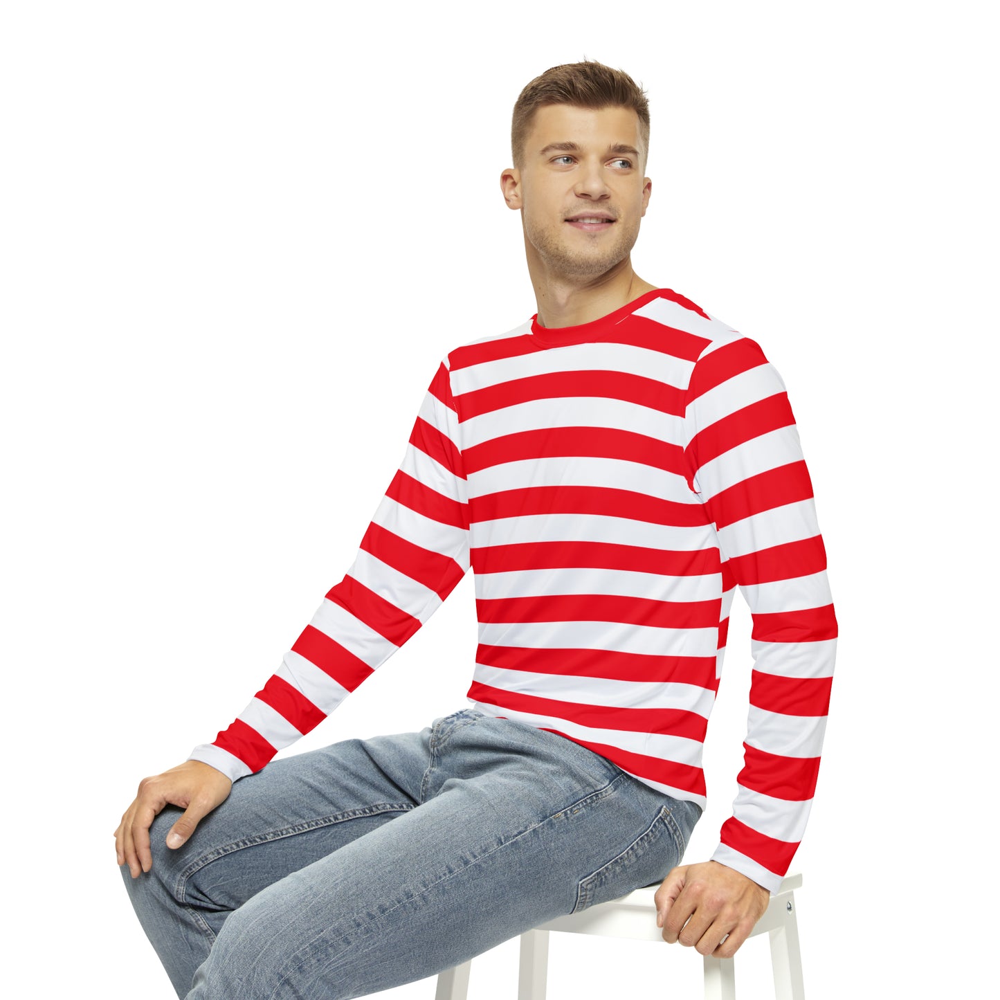 Red and White Striped Men Long Sleeve Tshirt, Unisex Women Designer Graphic Aesthetic Printed Crew Neck Shirt Tee Plus Size Starcove Fashion
