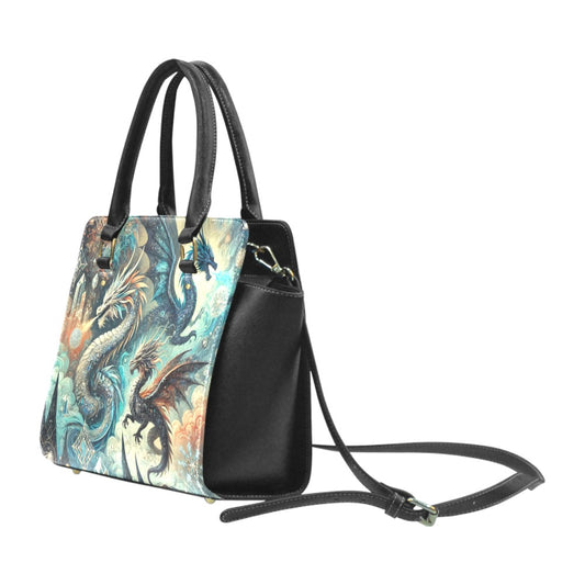 Dragons Purse Handbag, Fantasy Cottagecore Vintage Vegan Leather Designer Women Ladies Satchel Top Zip Handle Bag Shoulder Strap Black