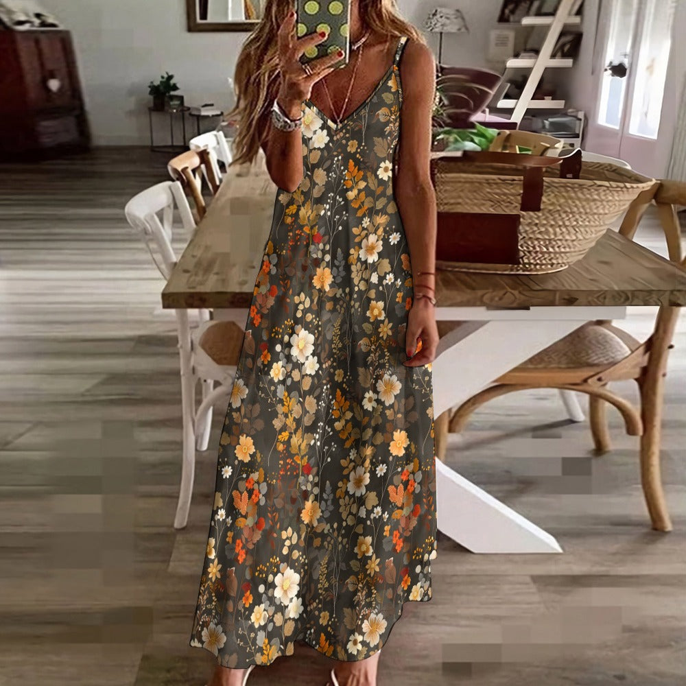 Floral Maxi Dress, Fall Brown Autumn Long Flowers Spaghetti Straps Women Sleeveless Casual Cute Designer Elegant Plus Size Cocktail Designer 5XL / Floral Maxi Dress, Fall Brown Autumn Long Flowers Spaghetti Straps Women Sleeveless Casual Cute Designer Elegant Plus Size Cocktail Designer 5XL /