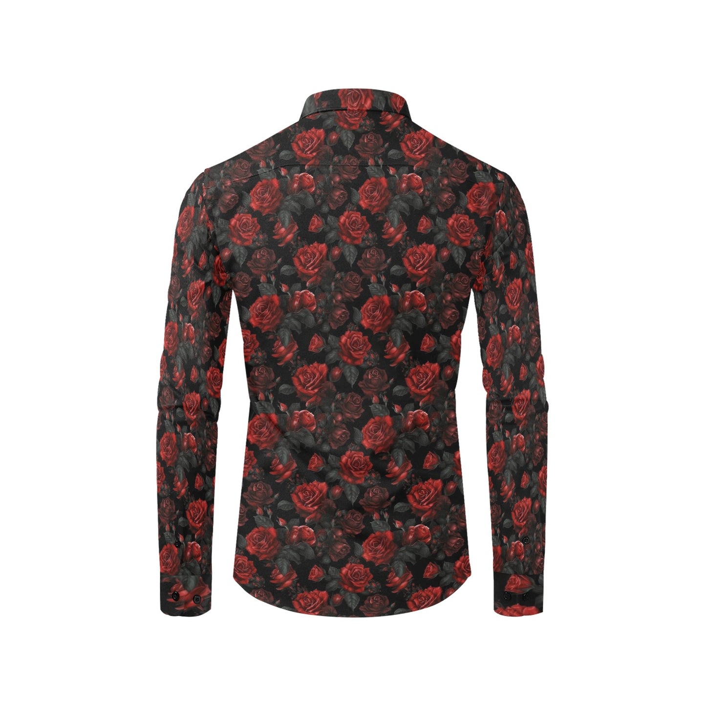 Red Rose Long Sleeve Men Button Up Shirt, Flowers Print Casual Buttoned Collared Designer Dress Shirt with Chest Pocket Guys Male