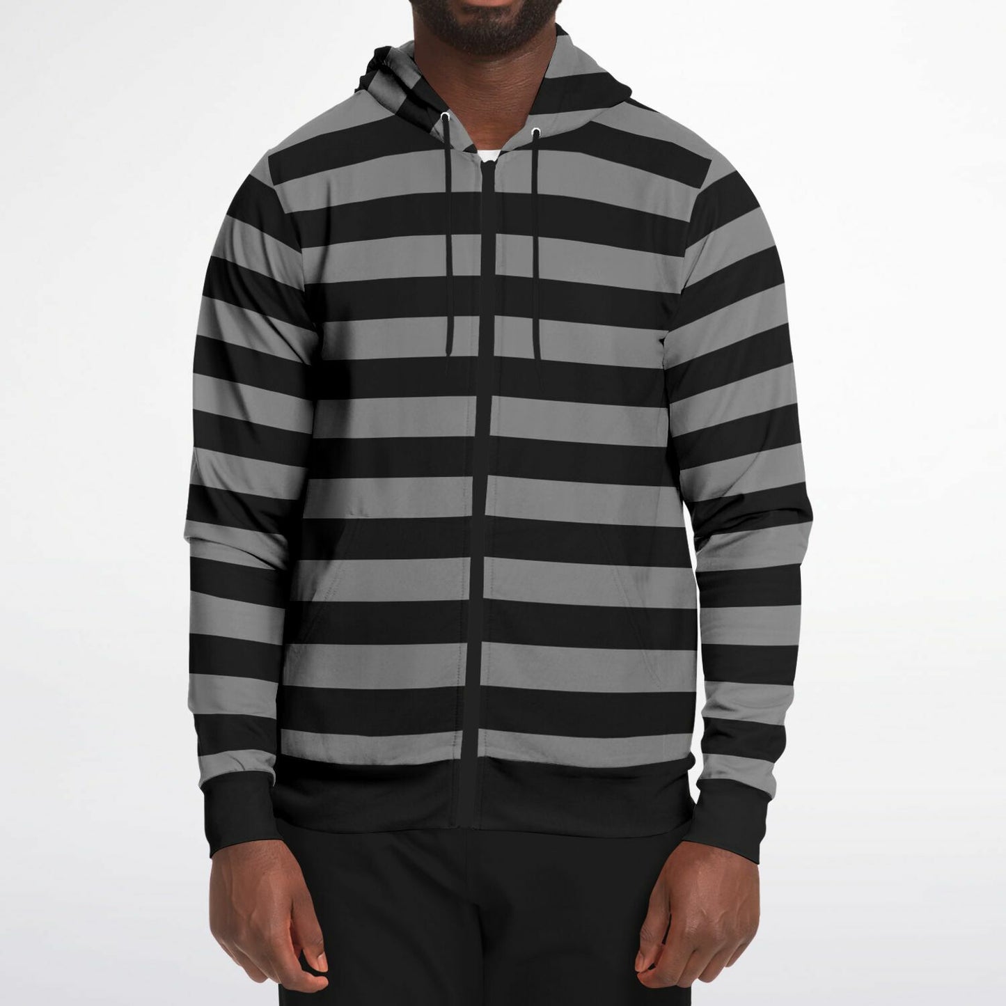 Black Grey Striped Zip Up Hoodie, Gray Stripes Full Zipper Pocket Men Women Unisex Adult Aesthetic Graphic Cotton Fleece Hooded Sweatshirt