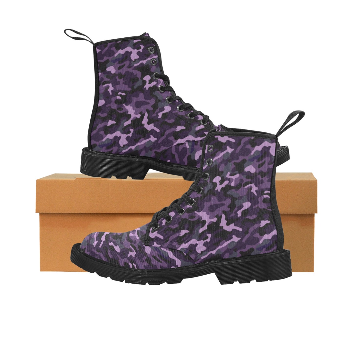 Black Purple Camo Women Canvas Boots, Camouflage Ladies Lace Up Vegan Shoes Festival Print Ankle Combat Winter Casual Work Hiking