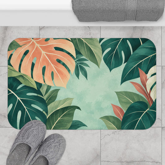 Monstera Leaf Bath Mat, Tropical Green Memory Foam Cute Shower Bathroom Decor Non Slip Floor Large Small Washable Quick Dry Luxury Rug