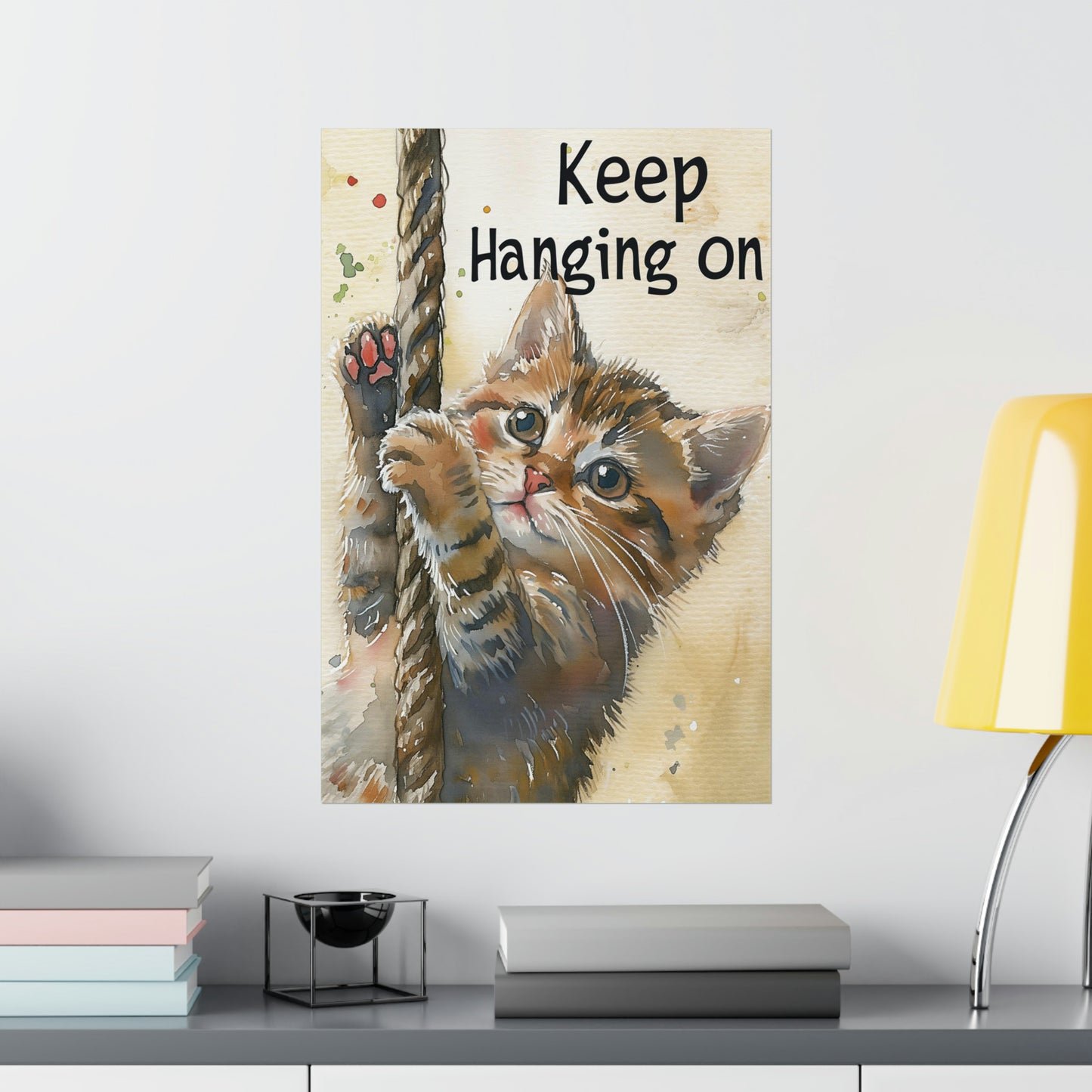 Motivational Cat Poster Print, Kitten Hang On Inspirational Vintage Wall Image Art Vertical Paper Artwork Small Large Cool Room Office Decor