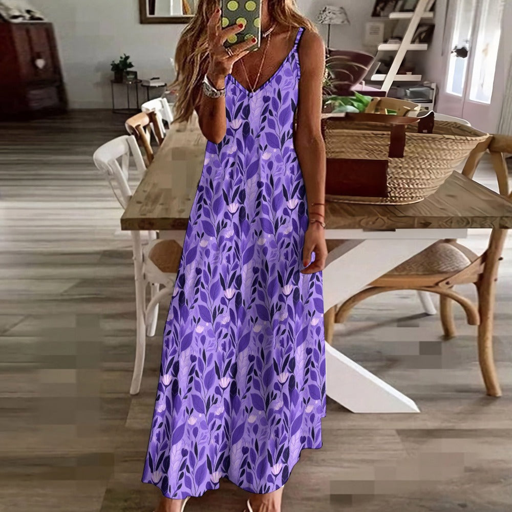 Purple Floral Maxi Dress, Flowers Long Spaghetti Straps Women
